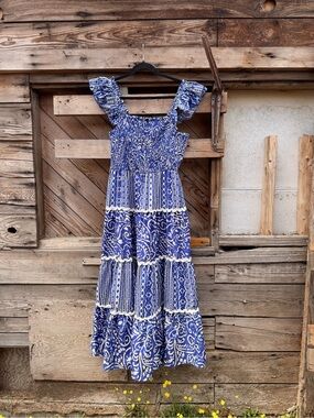 Smocked Blue Tiered Maxi Dress with Ruffle Straps